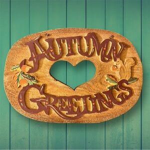 Vintage Signed Hand Carved In Mexico Wood Sign Plaque Autumn Greetings